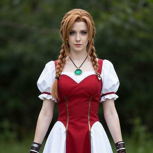 Digital artwork of a fair-skinned woman with red braids, wearing a red and white medieval-style dress, green pendant, black gloves, standing in