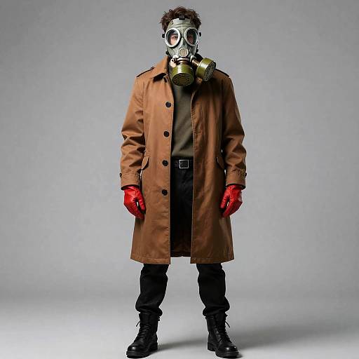 Man in Gas Mask and Brown Coat Standing