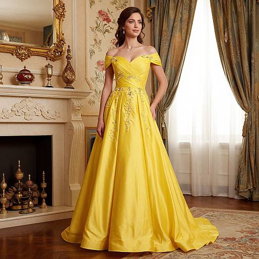Photograph of a woman with dark wavy hair in an off-the-shoulder, yellow, floral-embellished ball gown, standing in