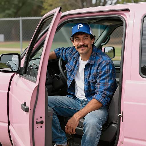 Cheerful Man in Blue Plaid Truck