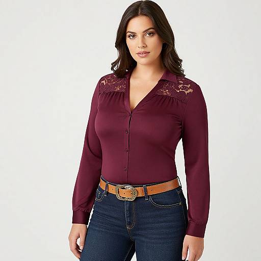 Photograph of a confident woman with long brown hair, wearing a burgundy lace-trimmed blouse, dark blue jeans, and a brown belt.