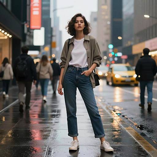 Photograph of a curly-haired woman in a white shirt and blue jeans, standing confidently on a wet, illuminated city street at night, with blurred pedestrians