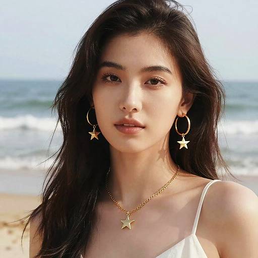 Photograph of an Asian woman with long black hair, wearing gold star earrings and necklace, white tank top, standing on a sunny beach with waves in