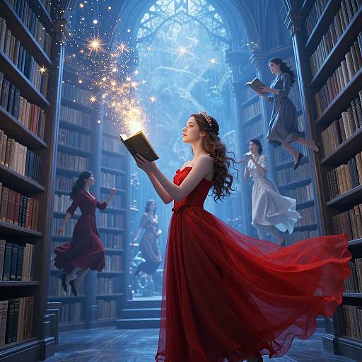 Magical library scene: woman in red dress conjures sparks, surrounded by floating book-wielding figures, under ethereal blue archway, filled with