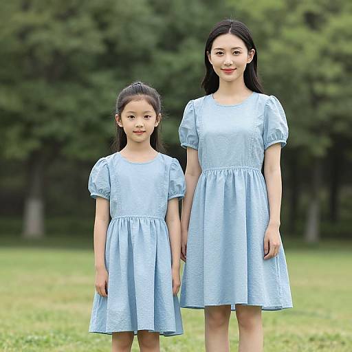 Photograph of an Asian woman and young girl standing side by side in a green park, wearing matching light blue, short-sleeved dresses.