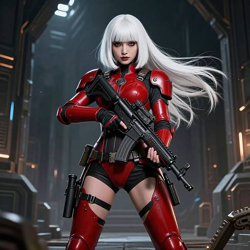 Digital artwork of a fierce, white-haired woman in red armor, holding a black rifle, standing in a futuristic, dark, industrial corridor.