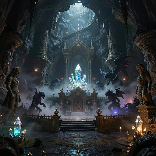 Fantasy cathedral scene: dark, cavernous interior with glowing blue crystals, menacing black dragons, ornate statues, mist, and ethereal lighting.