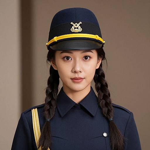 Photograph of an Asian woman with braided black hair, wearing a black police uniform and cap with yellow trim, and a gold badge, against a