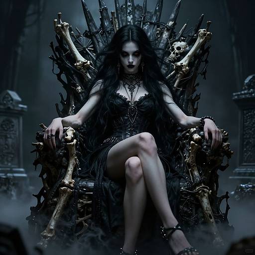 Dark, gothic photograph of a pale woman with long black hair, wearing a black lace dress, seated on a skeletal throne. Her crossed legs and