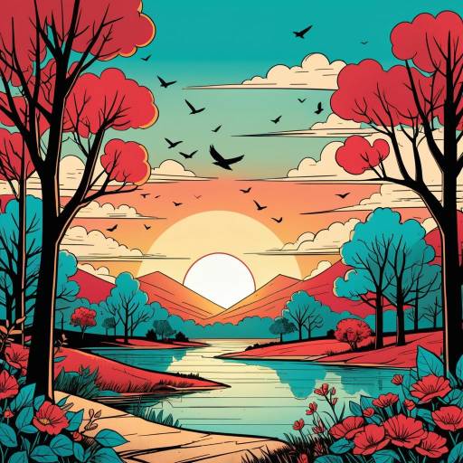 Colorful Sunset Landscape Illustration