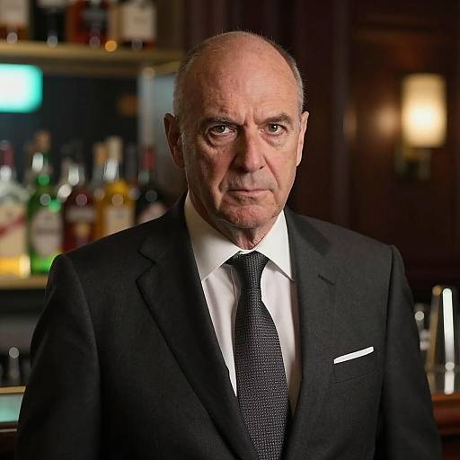 Serious Middle-Aged Man in Dark Suit at Bar