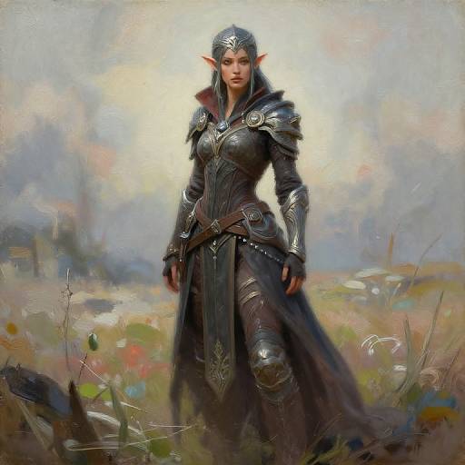 Digital painting of a fierce, elven warrior woman with pointed ears, wearing detailed silver armor and a dark cloak, standing in a colorful, blurred me