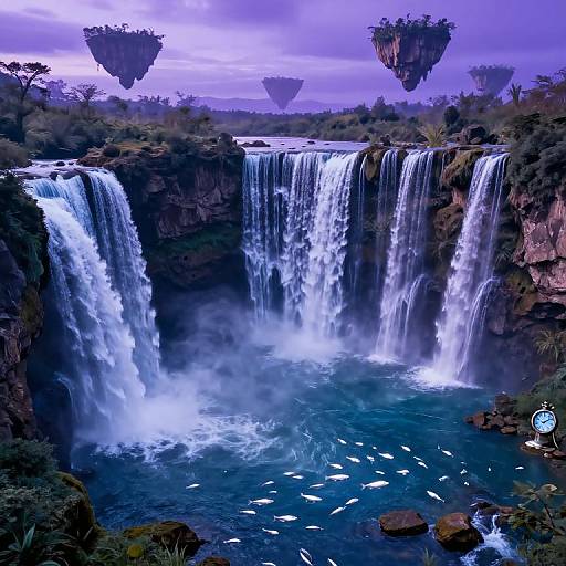 Fantastical digital artwork of twin waterfalls cascading into a misty pool, surrounded by floating islands, lush greenery, and purple skies.