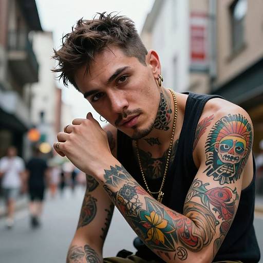 Tattooed, dark-haired man with short spiky hair, black tank top, gold necklace, colorful arm tattoos, city street background, blurred