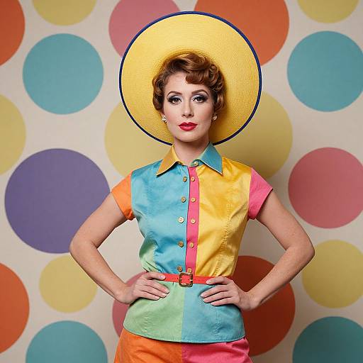Photograph of a woman with short brown hair, red lipstick, yellow hat, colorful sleeveless shirt, and orange belt, standing against a polka