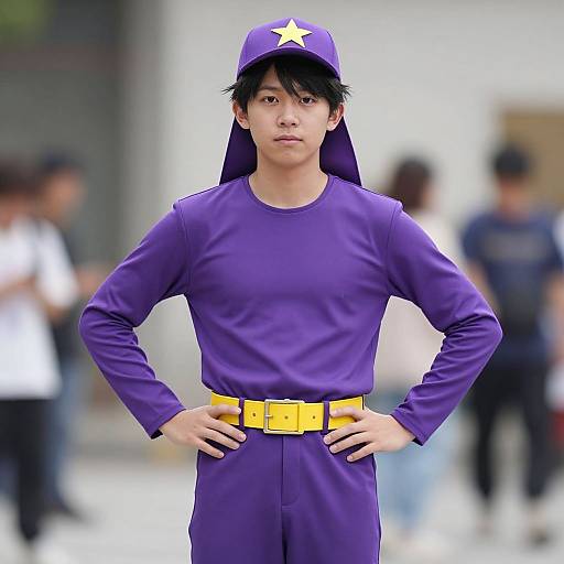Photograph of an Asian man with black hair, wearing a purple superhero costume with yellow belt, star hat, standing confidently outdoors. Blurred background with