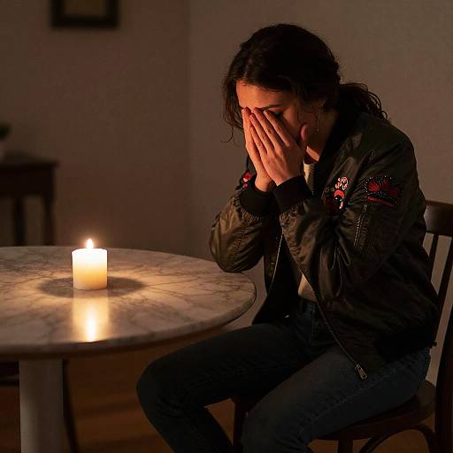 Photograph of a sad woman with dark hair, covering her face with her hands, sitting by a lit candle on a marble table. She wears a