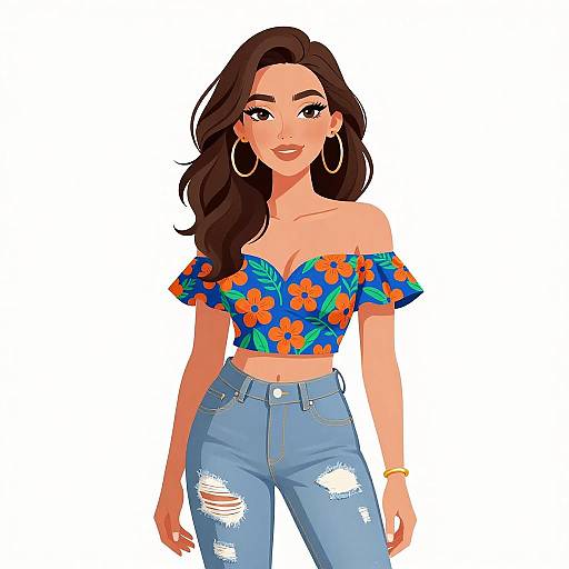 Digital illustration of a smiling woman with long brown hair, wearing a colorful off-shoulder floral top, high-waisted ripped jeans, hoop earrings