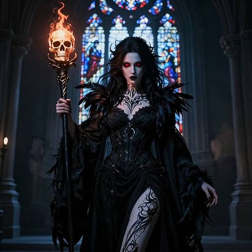 Gothic Shadow Priestess with Burning Skull Staff