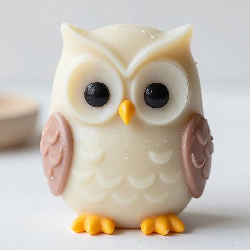 Photograph of a cute, ceramic owl figurine with white body, brown wings, large black eyes, yellow beak and feet, against a white