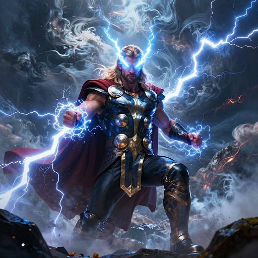 Photorealistic digital art: Muscular, blonde superhero with glowing blue eyes and lightning bolts, wearing black and gold armor, red cape, standing on