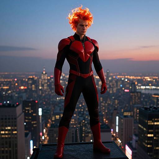Red-Haired Superhero Over Neon City
