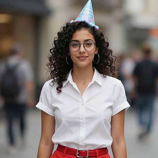 Photograph of a curly-haired, dark-skinned woman with glasses, wearing a white button-up shirt, red belt, and blue party hat, smiling