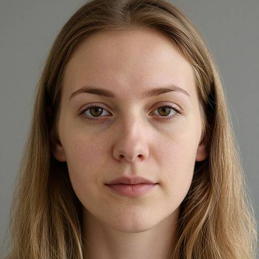 Close-up photograph of a young Caucasian woman with light brown hair, green eyes, fair skin, and neutral expression, against a gray background.
