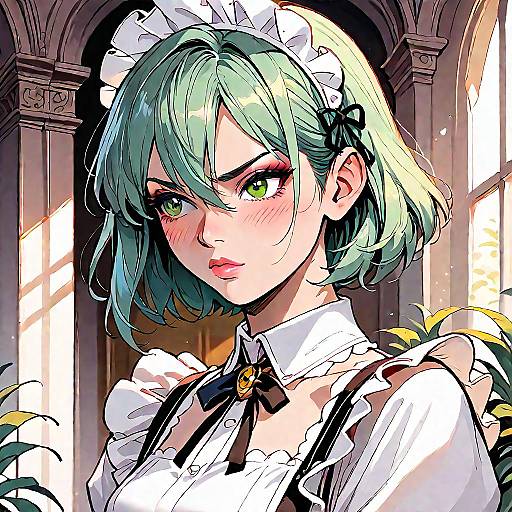Digital anime-style portrait of a green-haired maid with large green eyes, blushing cheeks, wearing a white frilled headpiece and black dress, standing
