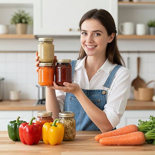 Photograph of smiling young woman with dark hair in denim overalls holding jars of pickled vegetables in modern kitchen.