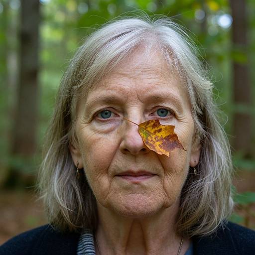Photograph of an elderly woman with silver hair, blue eyes, and a single orange leaf on her nose, standing in a forest.