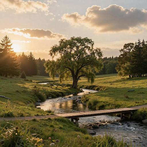 Serene Meadow with Willow Tree and Wooden Footbridge