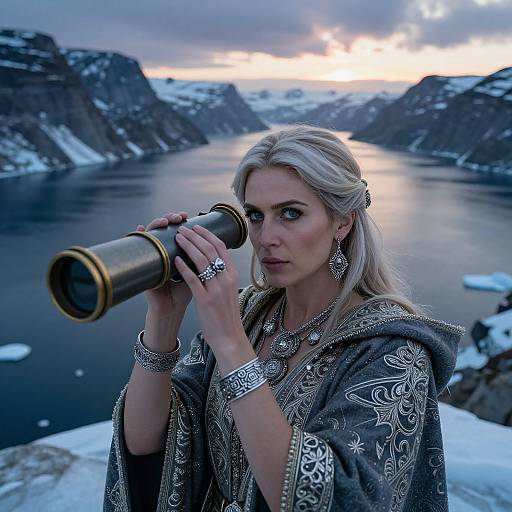 Photograph of a blonde woman with silver jewelry, wearing an ornate gray cloak, using binoculars on a snowy mountain lake at sunset.