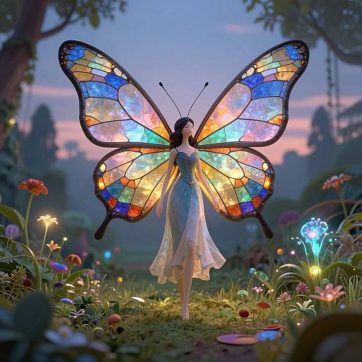 Digital illustration of a fairy-like woman with large, colorful butterfly wings standing in a magical, twilight garden filled with glowing flowers.