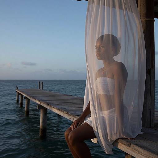 Photograph of a serene, dark-skinned woman in white lace bandeau and shorts, sitting on a wooden pier, draped in sheer curtains, overlooking