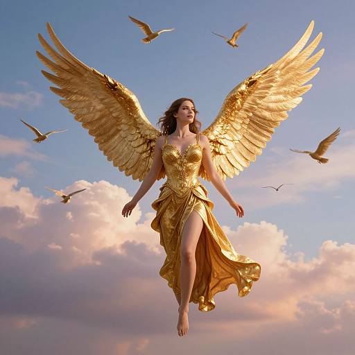 Golden-winged angel with flowing dress, barefoot, soaring in a sunset sky with birds, against a backdrop of pink and orange clouds.