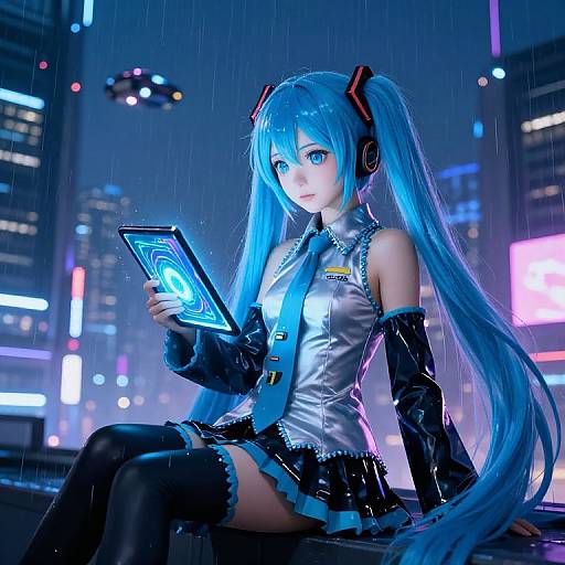 Digital artwork of Hatsune Miku, with glowing blue hair, futuristic cityscape background, neon lights, rain, holding a glowing tablet, wearing a