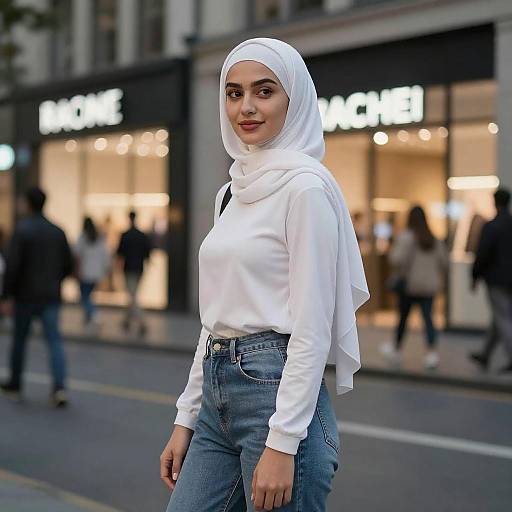 Young Woman in White Hijab at Night