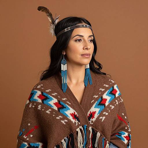 Photograph of a woman with long black hair, wearing a brown knit poncho with blue, red, and white geometric patterns, blue tassel earrings