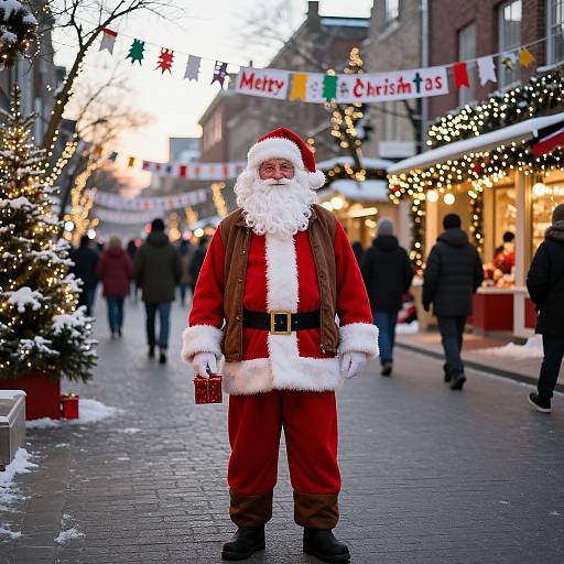 Photograph of Santa Claus in red suit, white fur trim, black belt, holding gift, standing on snowy street, festive lights, people, Christmas