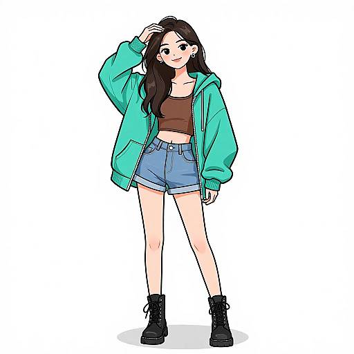 Digital anime-style drawing of a cute young woman with long black hair, wearing a teal jacket, brown crop top, blue shorts, and black boots,