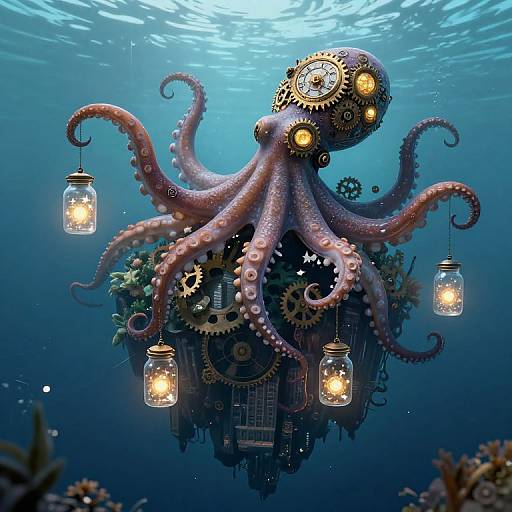 Digital art: Steampunk octopus with gears, lanterns, and seaweed floating underwater, illuminated by glowing lights against a blue ocean background.