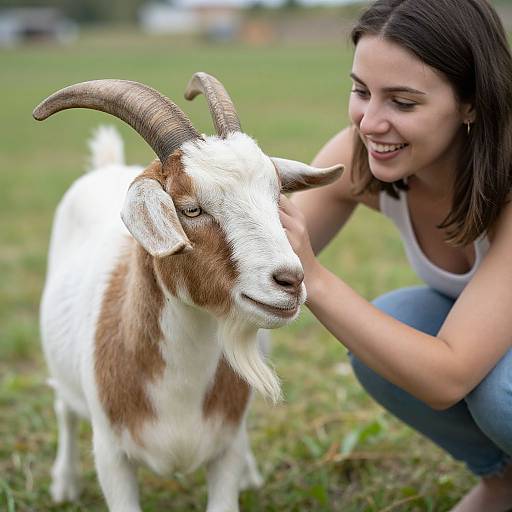 Photograph of a smiling young woman with brown hair, wearing a white tank top and blue jeans, gently touching the face of a white and brown goat