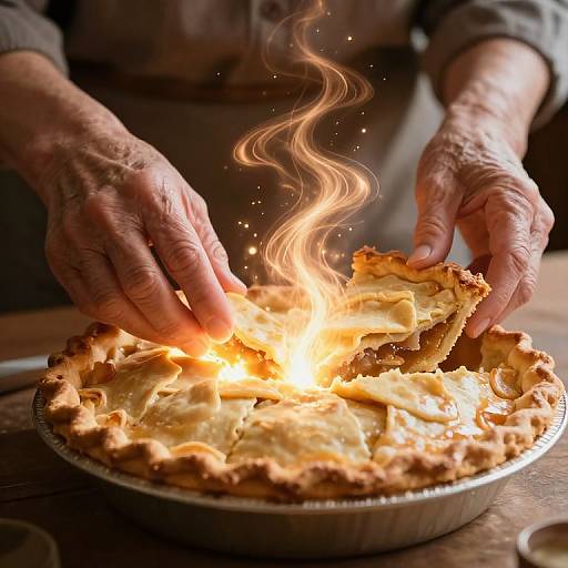 Photograph of an elderly man's wrinkled hands holding a pie, with flames emerging from the filling, on a wooden table.