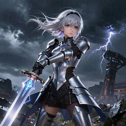 Silver-Haired Anime Warrior in Storm