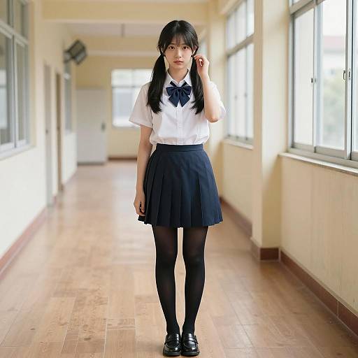 Asian schoolgirl in uniform standing in hallway
