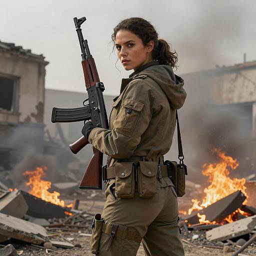 Cinematic Woman in War-Torn Landscape