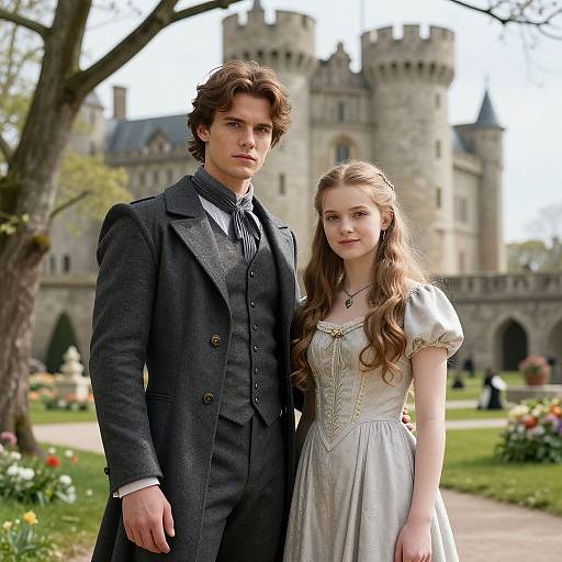 Photograph of a young man in a dark grey Victorian suit and a young woman in a light grey, embroidered dress standing in front of a castle with