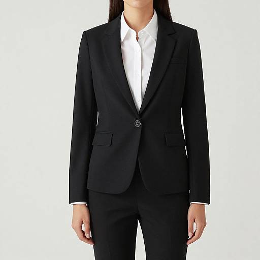 Photograph of a woman in a black business suit with a white dress shirt, centered against a plain white background.