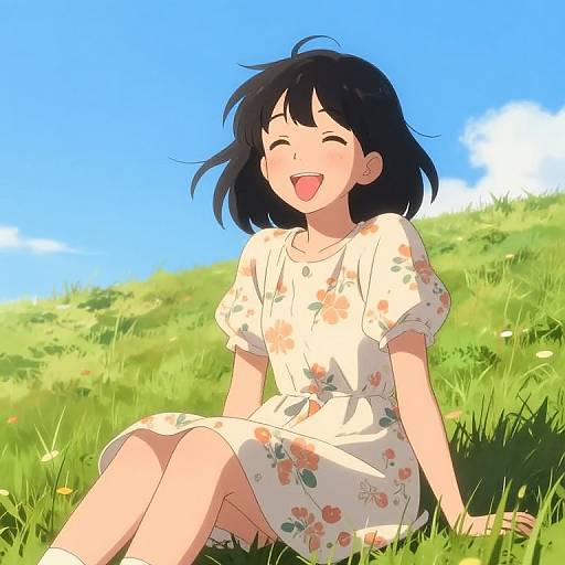 Anime-style digital drawing of a smiling girl with short black hair, wearing a white floral dress, sitting on a grassy hill under a bright blue sky